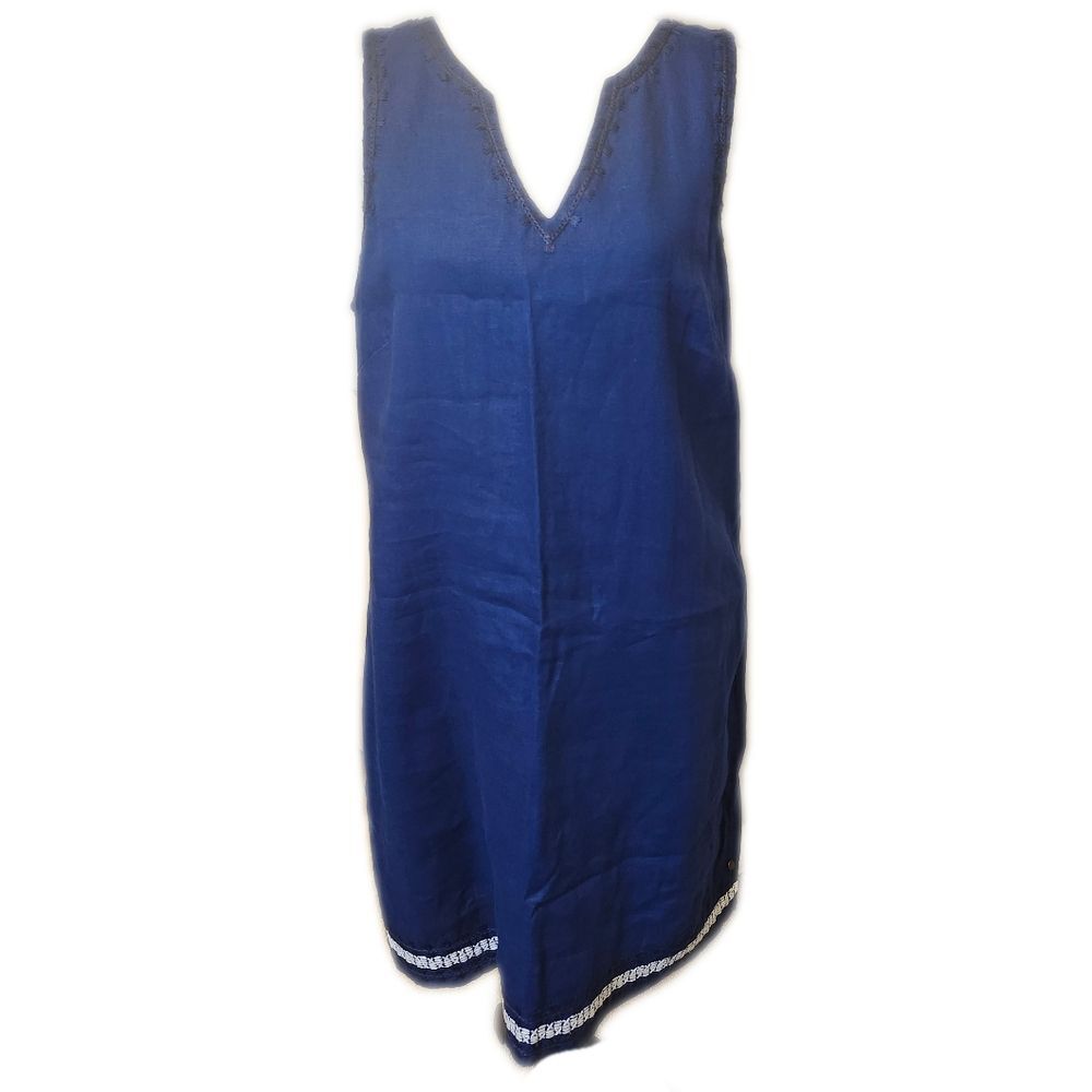 Hatley Sleeveless Sheath Dress, Navy Blue & White Embroidery, Linen, Lined, L